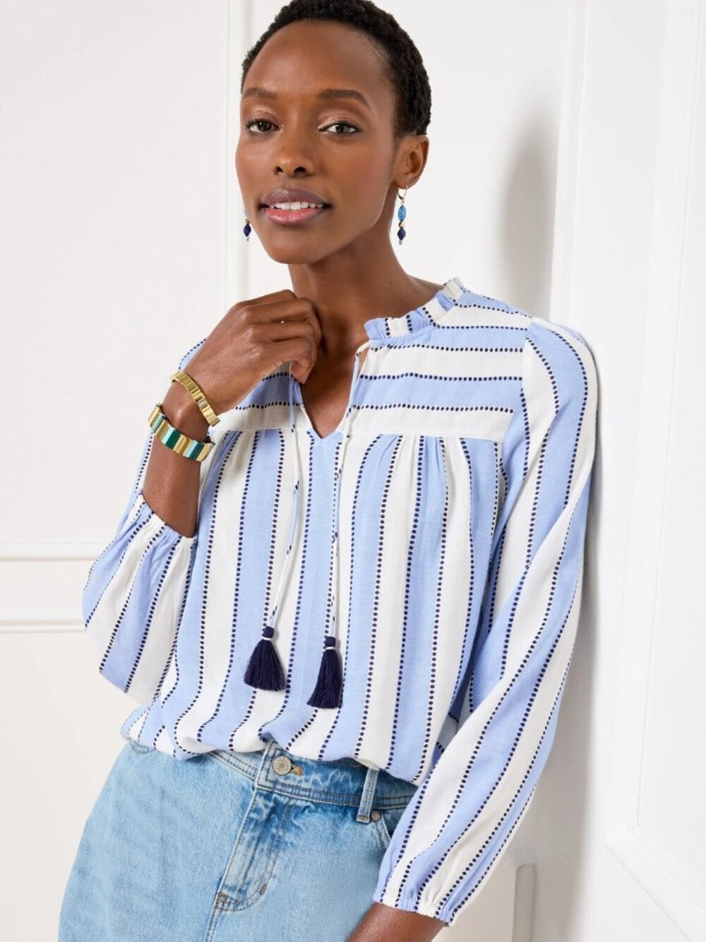 Talbots Blue White Spot Stripe Tassel Tie Blouse Size Large Petite LP